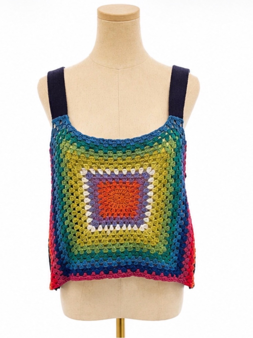 Pistola Medium Rainbow Granny Square Crochet Knit Tank Sweater Top Boho Festival